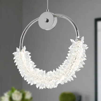 Modern Crystal Pendant Light Fixture, LED Ring Chandelier with Adjustable Height, Elegant Chrome Finish and Clear Crystal Design